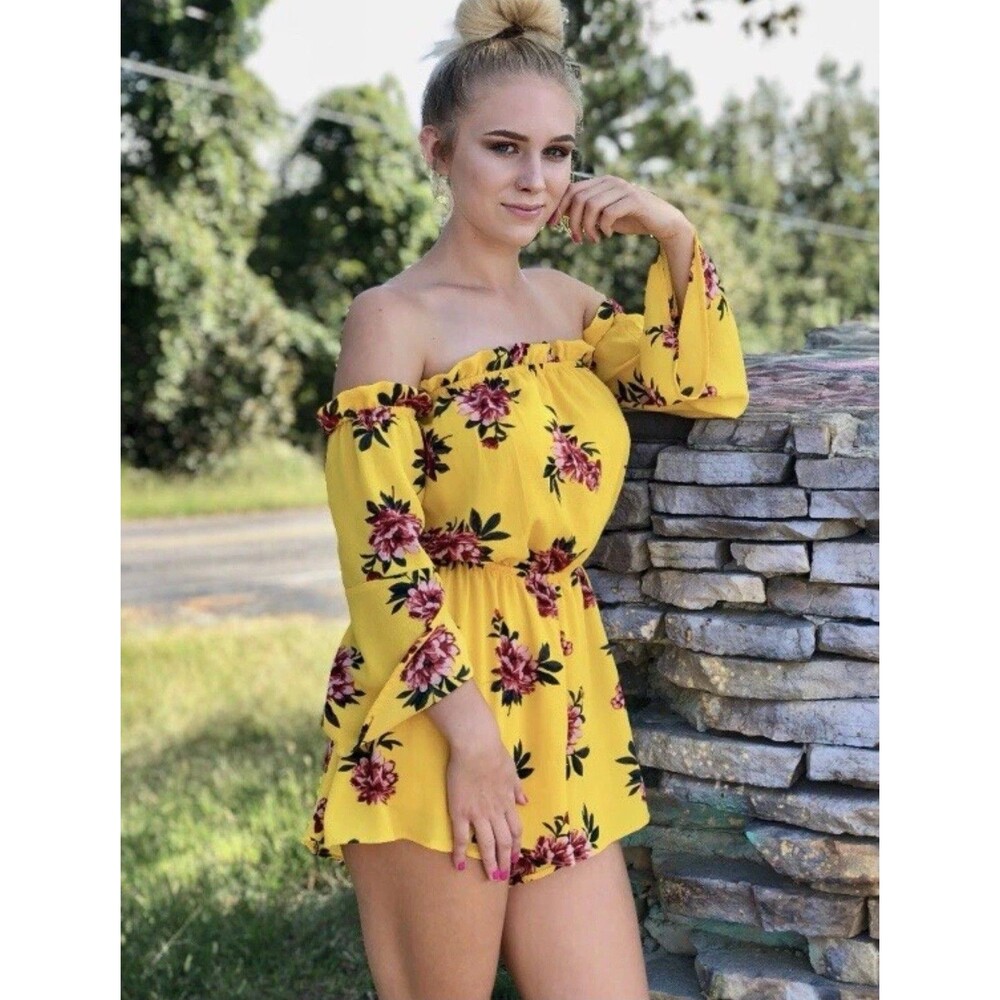 Toxik3‎ Yellow Floral Off The Shoulder Long Sleeve Romper Size XL - Picture 6 of 16